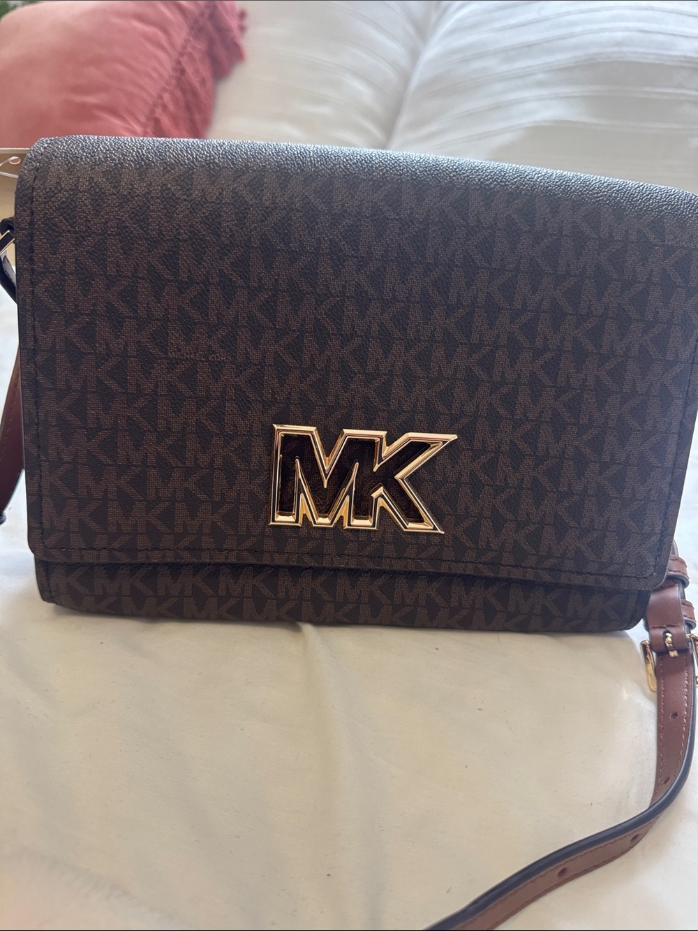 Michael Kors Dark Brown MK Monogram Messenger Bag with Gold Logo - Picture 2 of 10